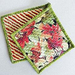 Collage of handmade potholders in assorted colorful fabrics
